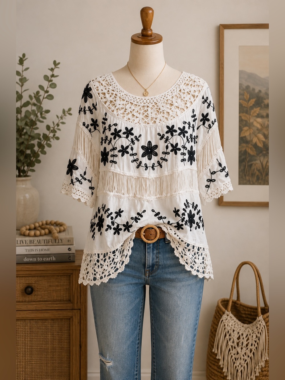 Oliver.o Boho White Black Floral Embroidered Crochet Fringe Top M
